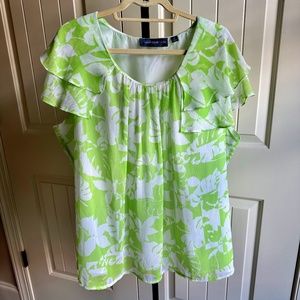 Susan Graver Plus Size Lime Green/White Floral Ruffle Short Sleeve Top 3x